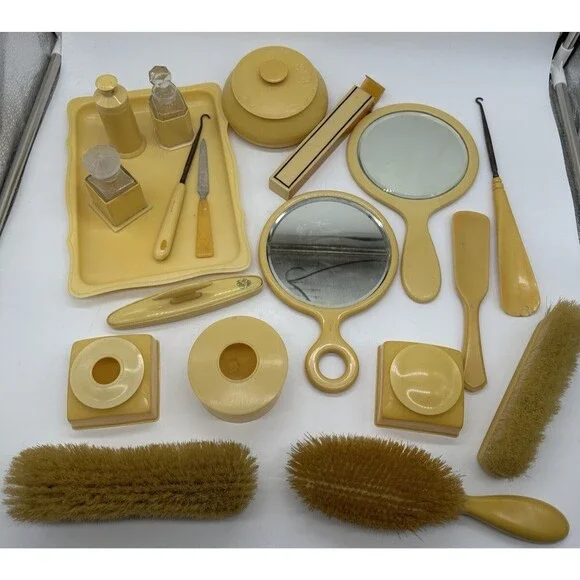 Vintage Celluloid Vanity Set Tray and Brushes Mirrors Perfume - Picture 1 of 16
